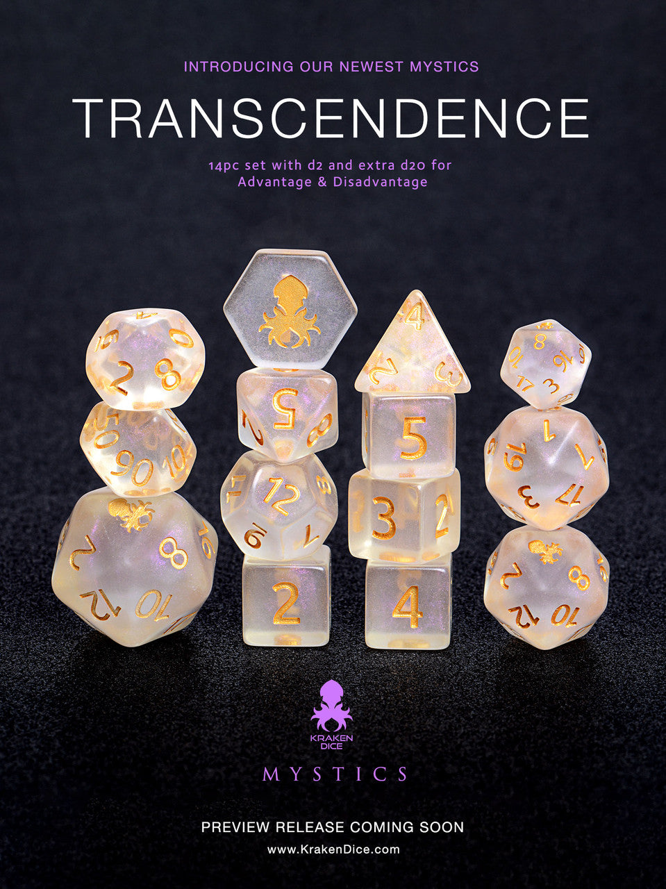 Transcendence Gold Ink Mystics 14pc Dice Set With Kraken Logo